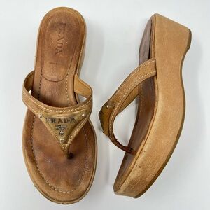 Vintage Prada 90s Y2K Brown Tan Triangle Logo Platform Wedge Thong Sandals 37 7